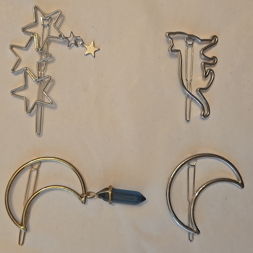 4 Metal Barrettes Silver-tone Gold-tone Moons Stars Cat NWOT